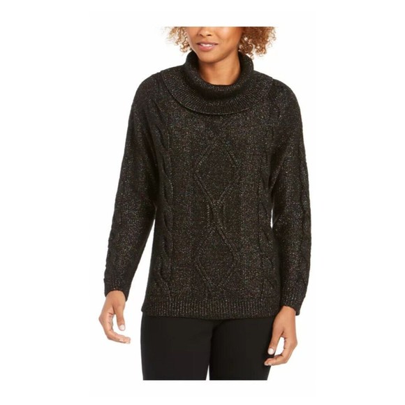 CHARTER CLUB Chunky knit Sweater Black Turtle Neck  Metallic size M long sleeve - Picture 1 of 11